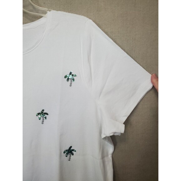 Talbots Woman 100% Cotton White Sequined Palm Trees Short Sleeve T-Shirt Size 2X - Picture 2 of 7